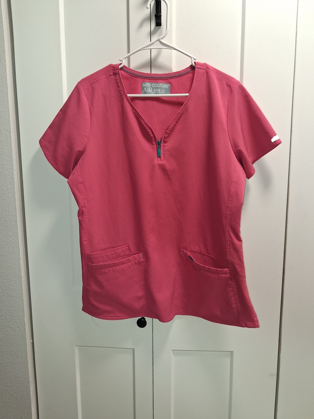 Med Couture Coral-Pink Zip V-Neck Short Sleeve Scrub Top